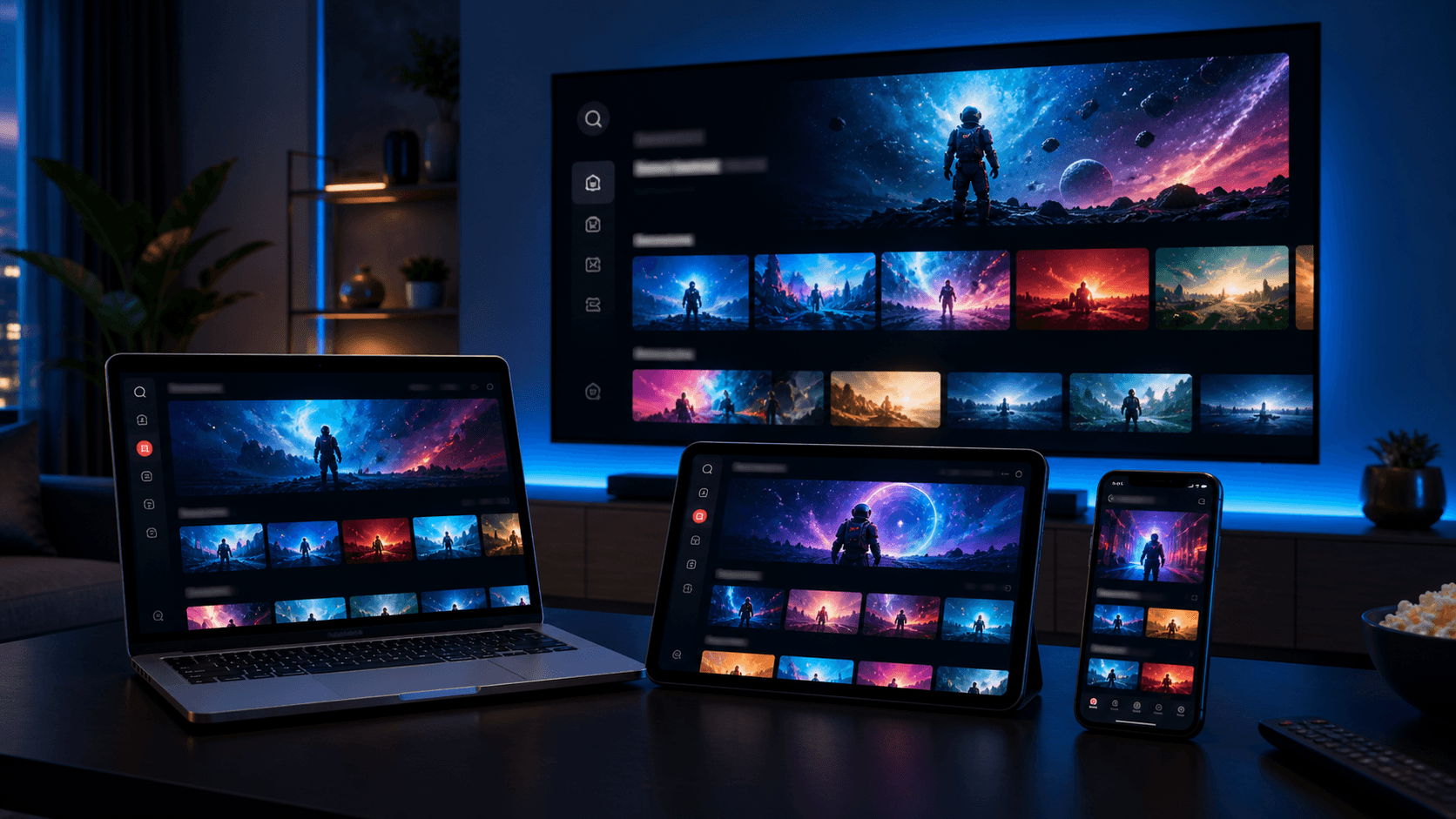 IPTV app for Android TV and mobile devices shown on multiple screens